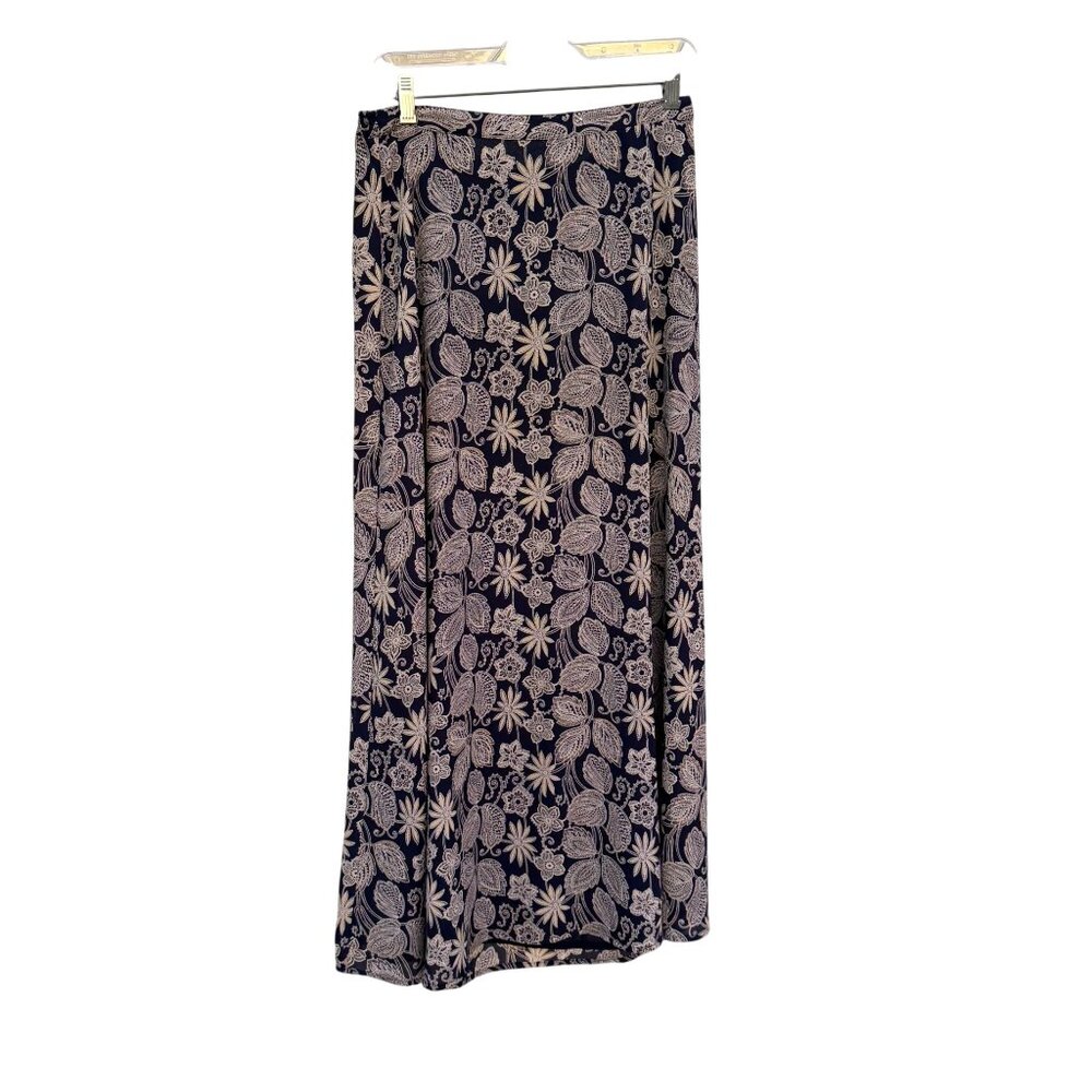 Amanda Smith Floral Maxi Skirt 12 Navy Blue Yellow Bohemian Flowy Elastic Waist